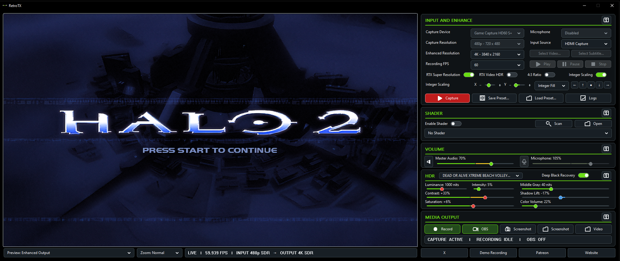 RetroTX running Halo 2 from an HDMI source in real time